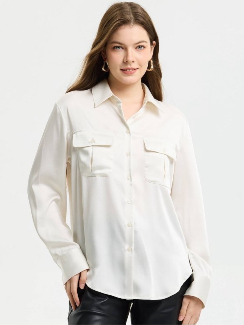 a new day Women’s Cream Satin Button Down Classic Collared Shirt NWT Medium